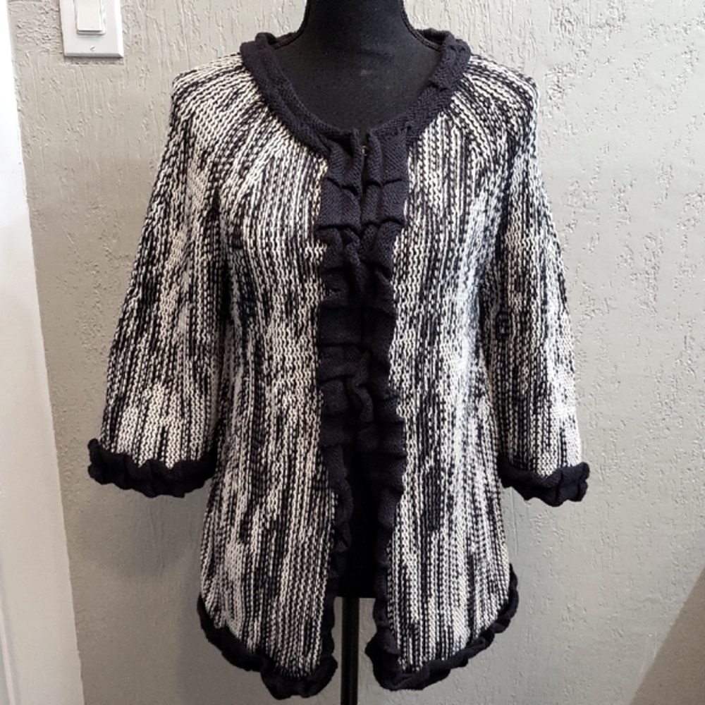 Pure Handknit Black & White Textured Cardigan with Ruffled Edges